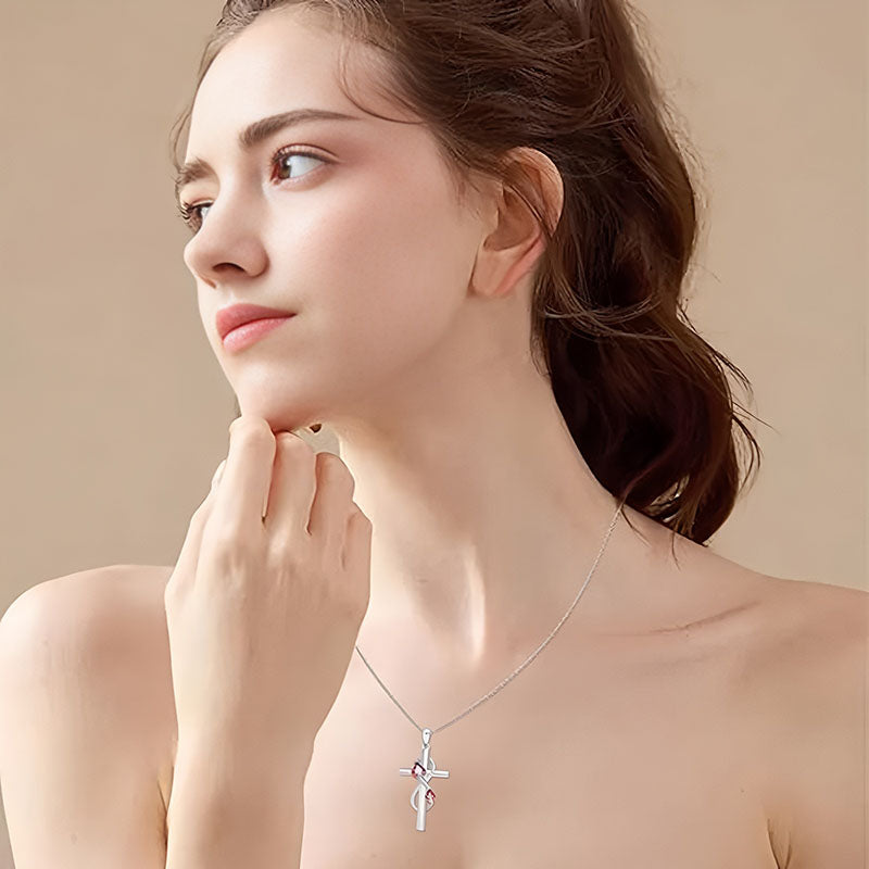 Elegant Model Wearing a Sterling Silver Cross Ladybug Necklace for a Stylish Look