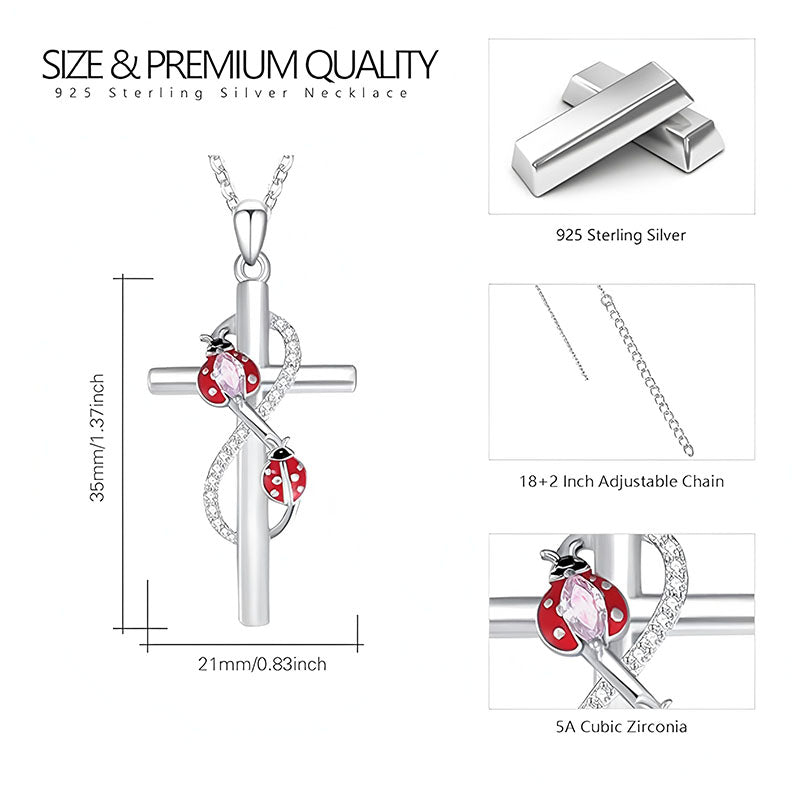 Origsoul sterling silver cross ladybug necklace with adjustable chain and sparkling cubic zirconia