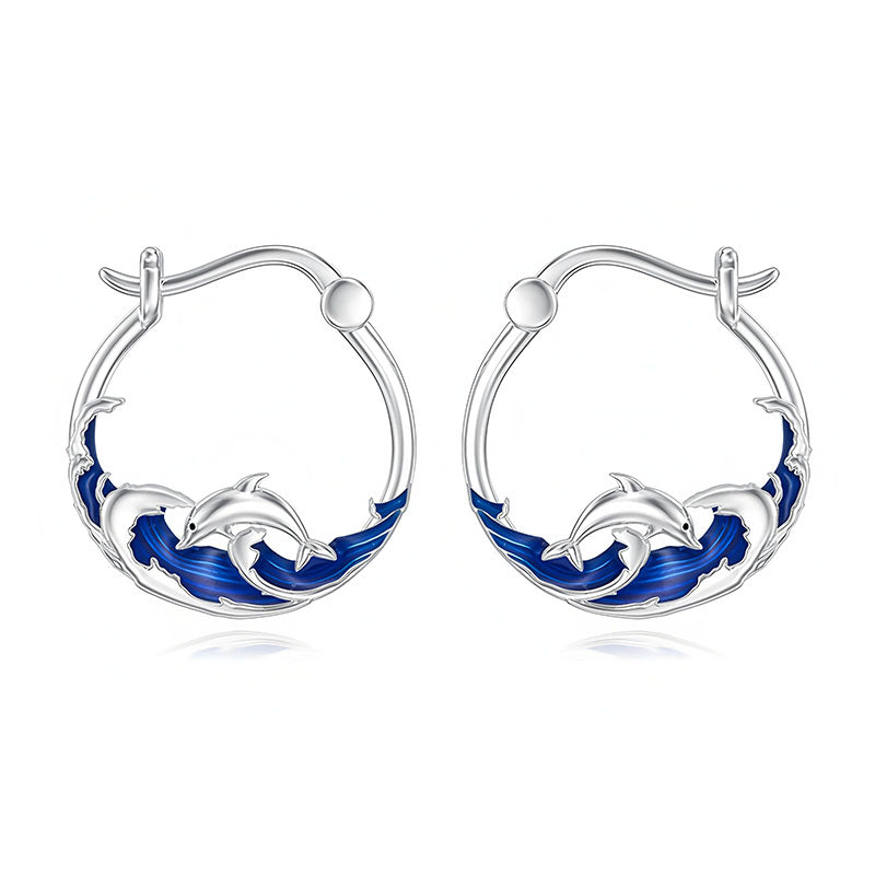 Origsoul sterling silver dolphin earrings with blue wave detailing for ocean lovers