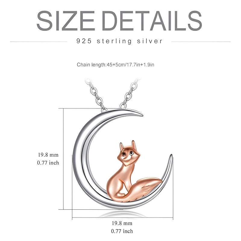 Sterling silver moon fox necklace with a detailed fox resting on a crescent moon, 17.7 inch chain