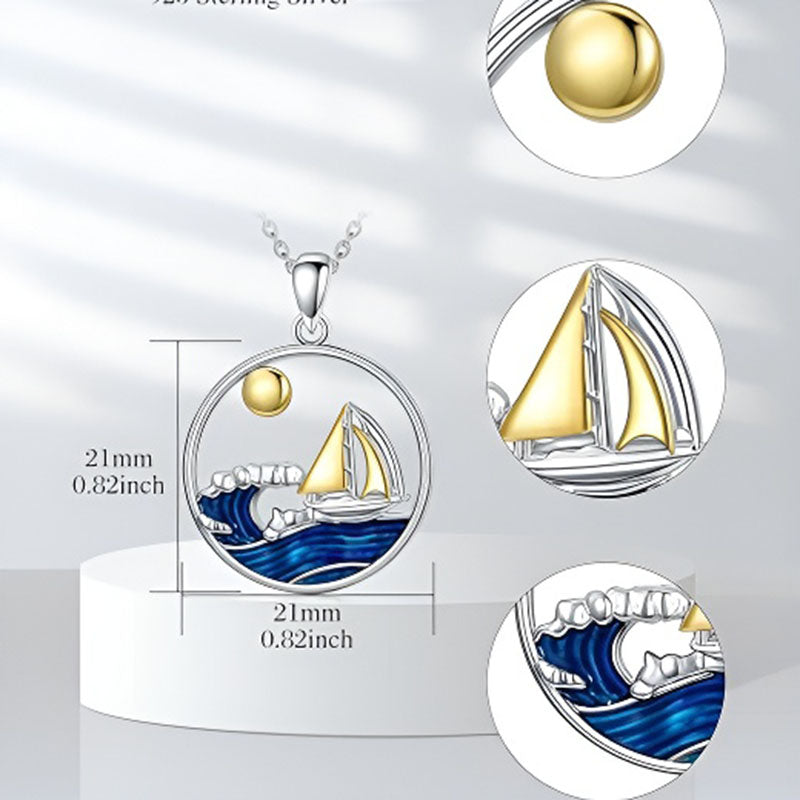 Origsoul sterling silver nautical necklace featuring a sailboat and waves in a round pendant design