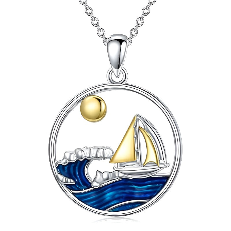 Origsoul sterling silver nautical necklace featuring a sailboat, waves, and sun design