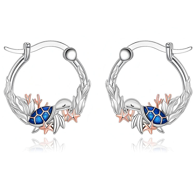Origsoul sterling silver ocean turtle earrings with blue accents and leaf design