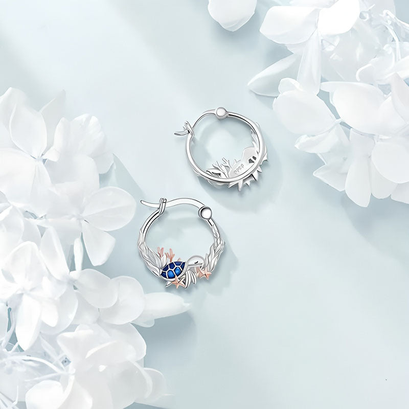 Origsoul sterling silver ocean turtle earrings with intricate coral design and blue enamel accents