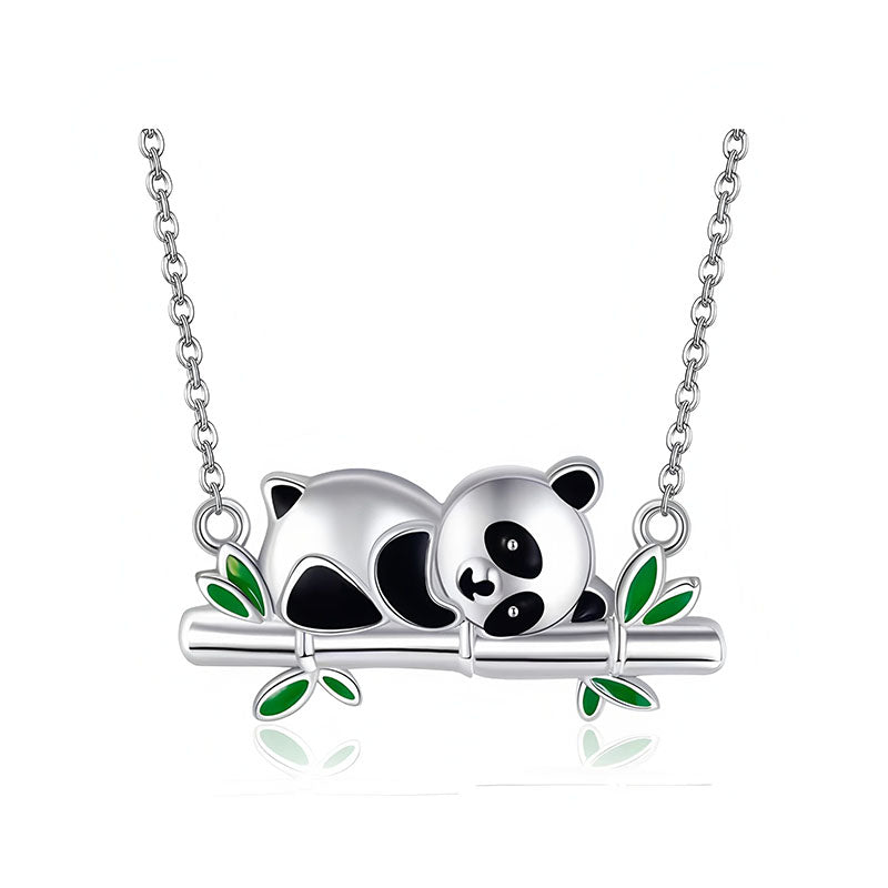 Origsoul sterling silver panda necklace featuring a cute panda resting on a bamboo branch with green leaves