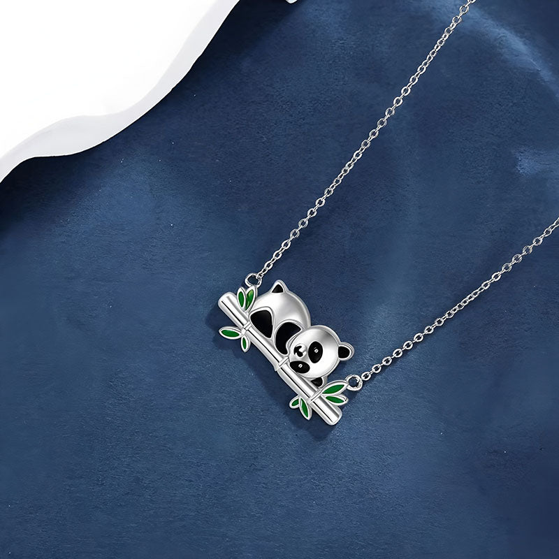 Origsoul sterling silver panda necklace featuring a cute panda on a branch with green leaves