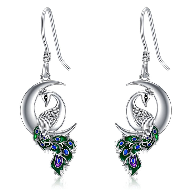 Origsoul sterling silver peacock earrings with colorful enamel detailing and a unique moon design