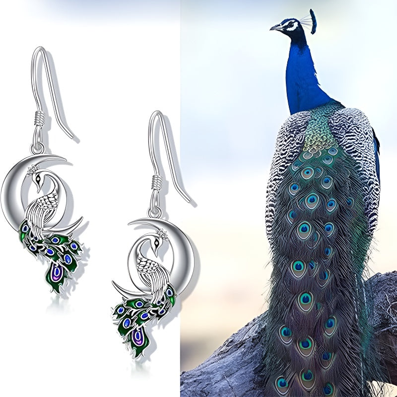 Origsoul sterling silver peacock earrings featuring colorful enamel detailing and elegant design