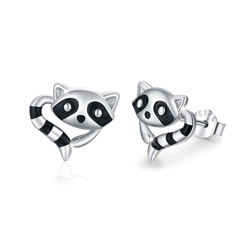 Cute sterling silver raccoon earrings with detailed design and black accents