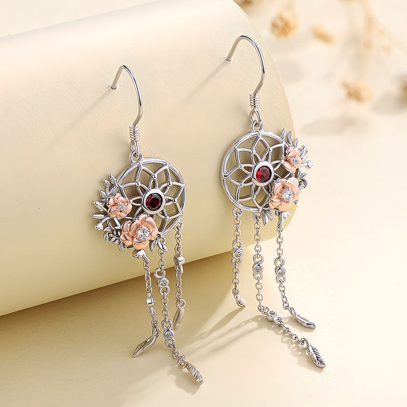 Origsoul sterling silver rose flower dreamcatcher earrings with gemstone accents and chain details