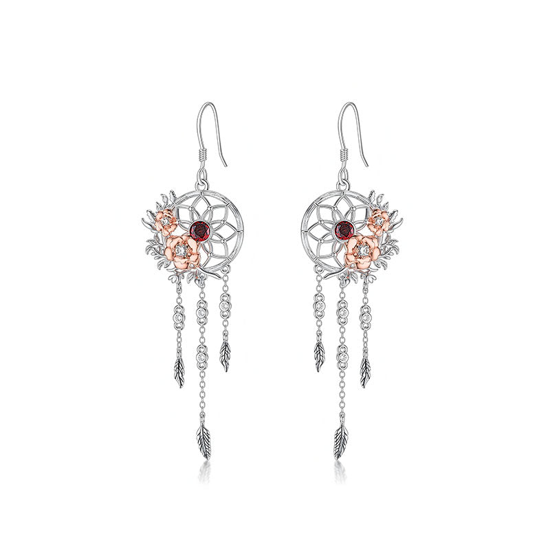 Origsoul sterling silver rose flower dreamcatcher earrings with intricate designs and dangling chains