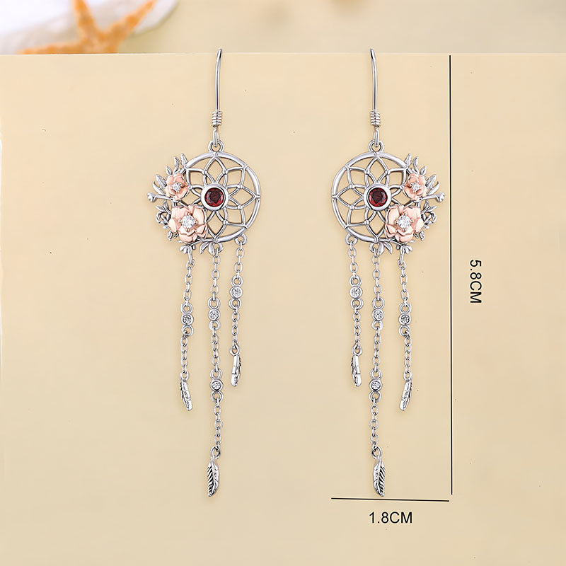 Origsoul sterling silver rose flower dreamcatcher earrings with hanging feathers and intricate details