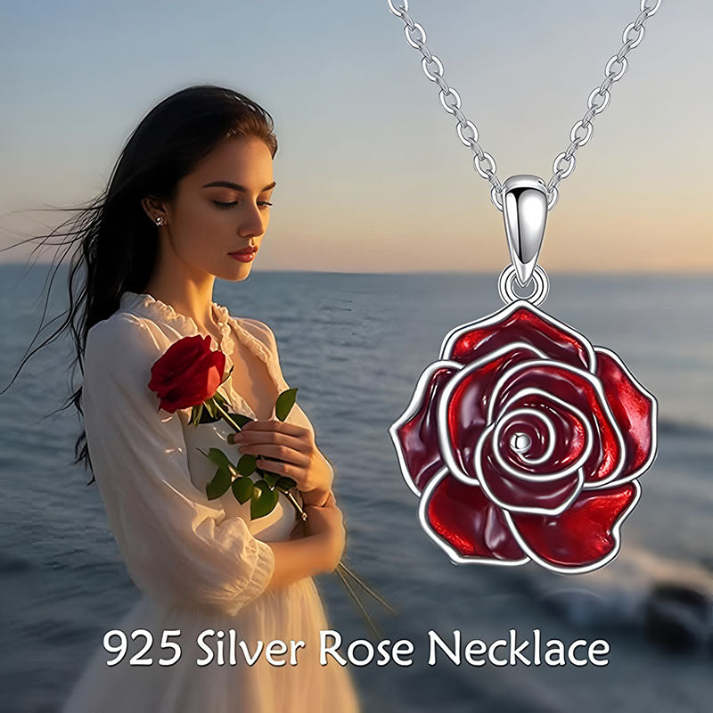 Sterling silver rose necklace featuring a red rose pendant on a delicate chain