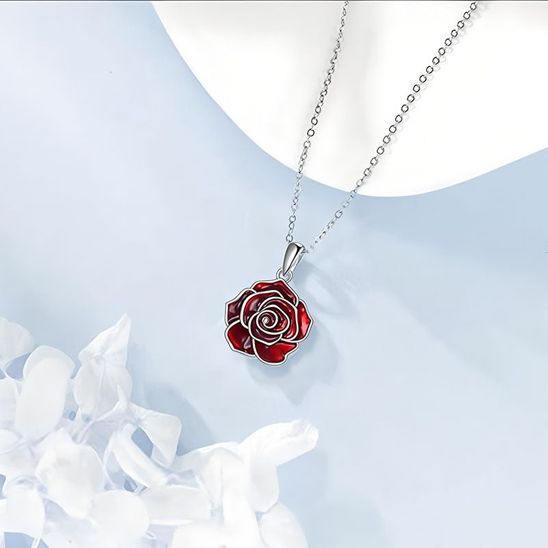 Origsoul sterling silver rose necklace featuring a vibrant red rose pendant on a delicate chain