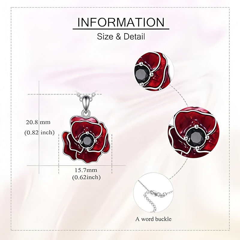 Origsoul sterling silver rose necklace featuring a vibrant red flower design and black center stone