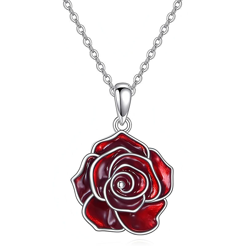 Origsoul sterling silver rose necklace with a detailed red rose pendant on a shiny chain