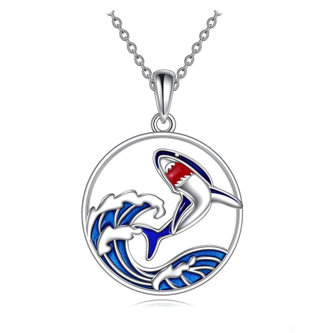 Origsoul sterling silver shark necklace featuring a shark design with blue waves