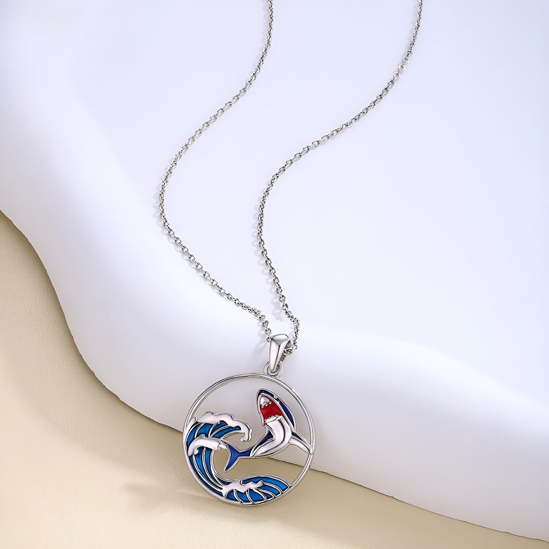 Origsoul sterling silver shark necklace featuring a colorful wave design