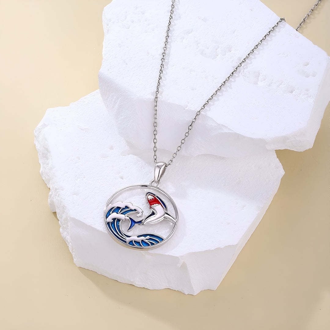 Origsoul sterling silver shark necklace with ocean wave design and colorful accents