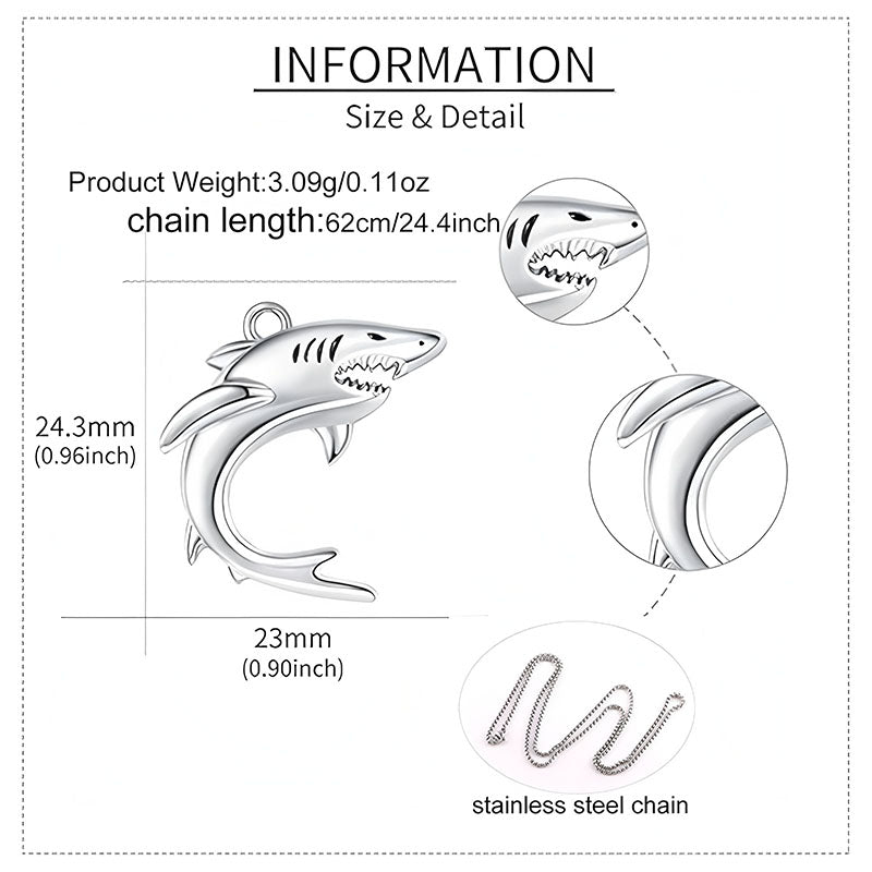 Origsoul sterling silver shark pendant with detailed design and 24 inch stainless steel chain