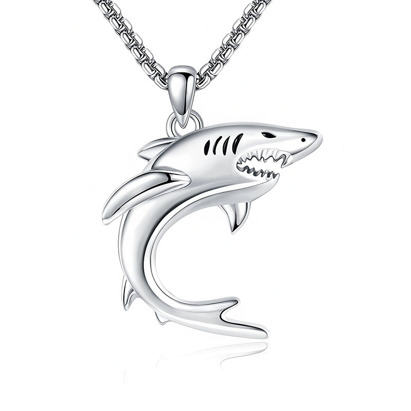 Origsoul sterling silver shark pendant on a chain, showcasing a sleek shark design