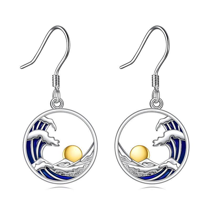 Origsoul sterling silver sunset wave earrings featuring a sun and wave design in a circular setting