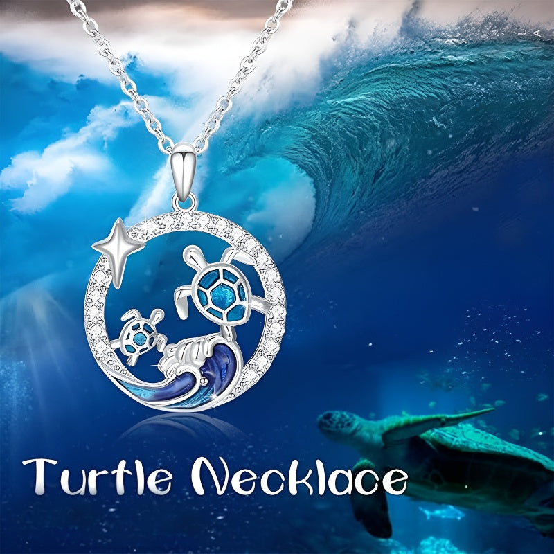 Origsoul sterling silver turtle necklace featuring a wave and star design with sparkling details