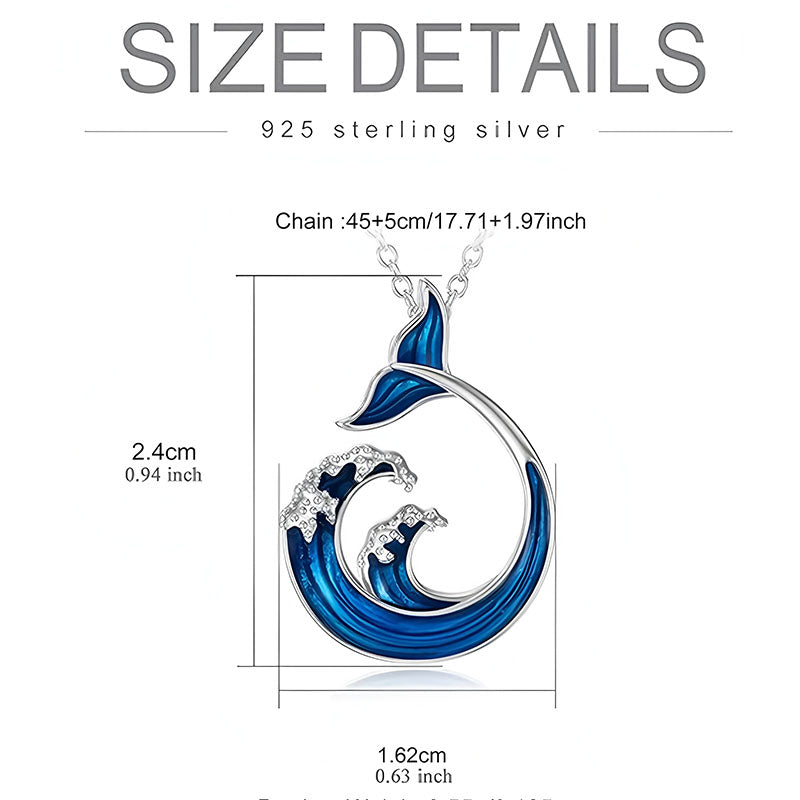 Origsoul 925 sterling silver whale tail necklace with blue wave design and adjustable chain