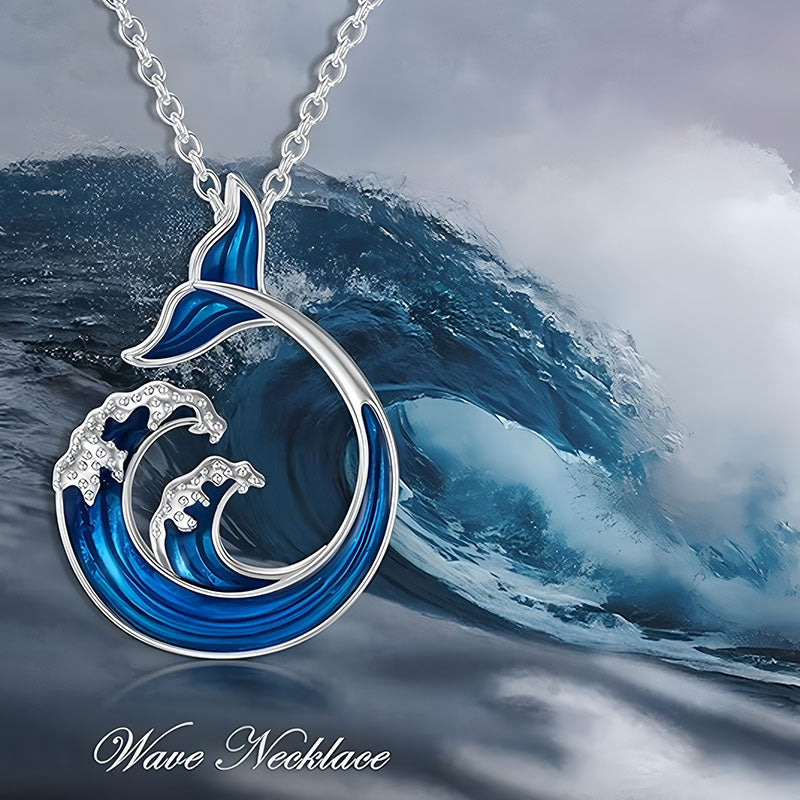 Origsoul sterling silver whale tail necklace featuring a wave design with vibrant blue enamel
