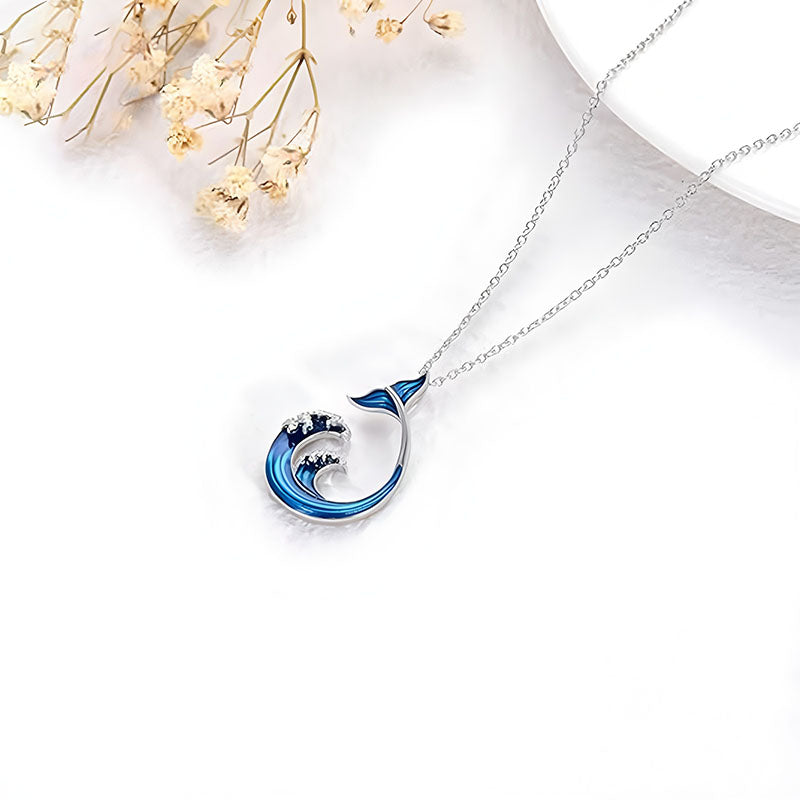 Origsoul sterling silver whale tail necklace with blue wave design and delicate chain