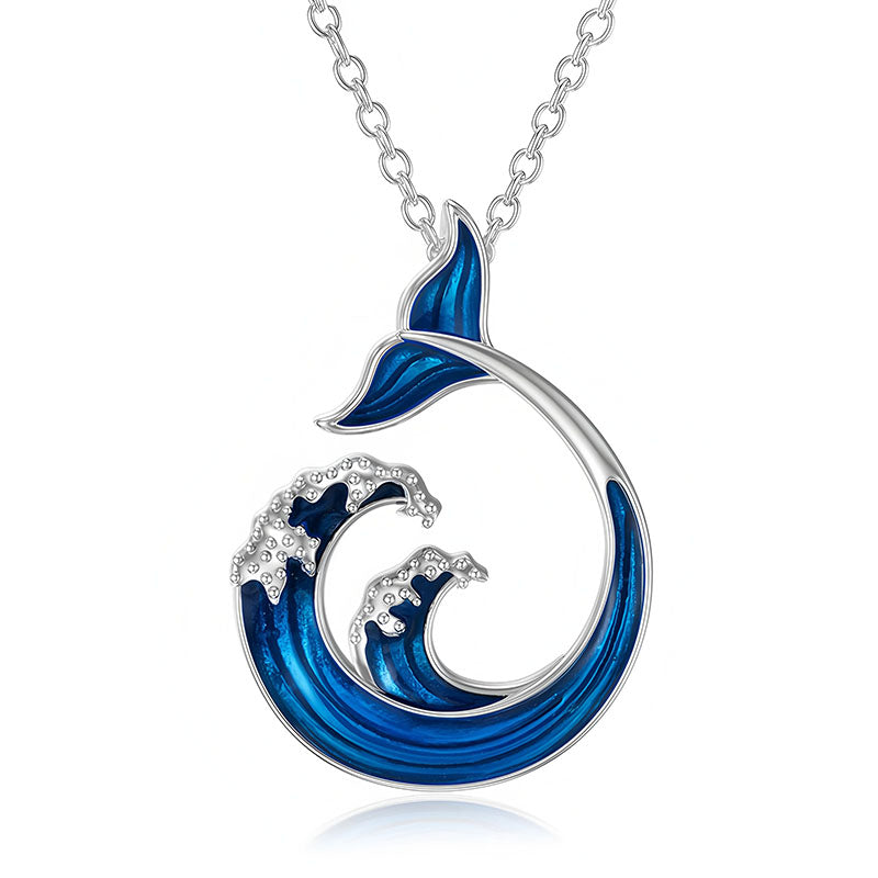 Origsoul sterling silver whale tail necklace with blue wave design and sparkling accents