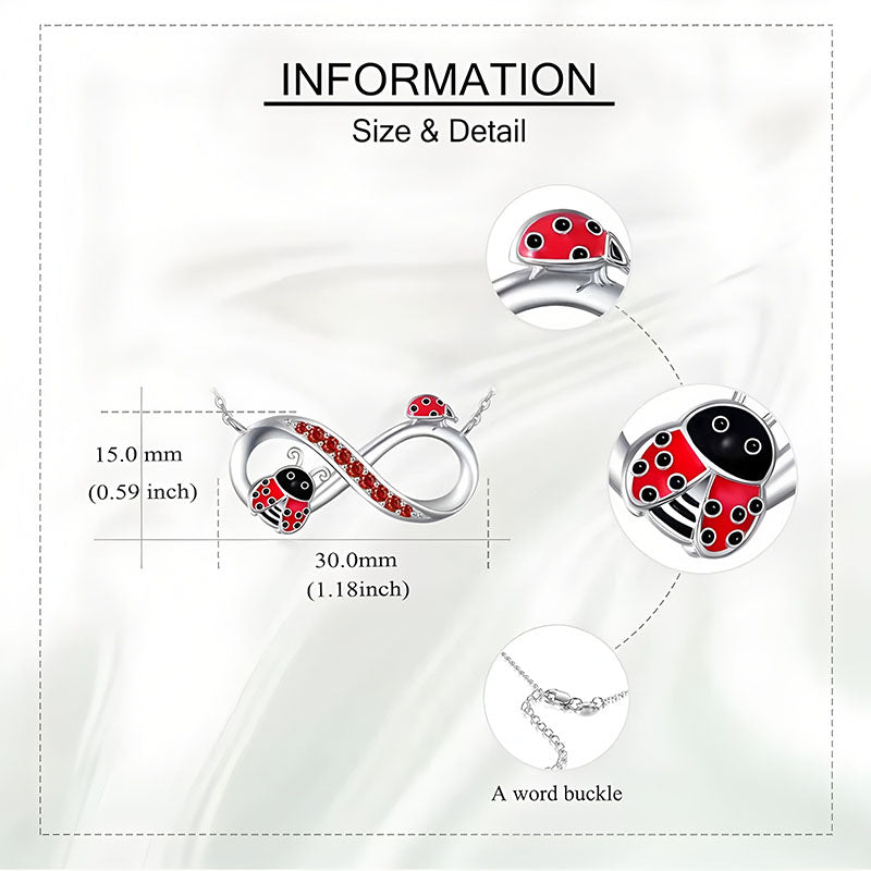 Origsoul ladybug sterling silver necklace infinity pendant with red enamel ladybugs and crystal accents on chain