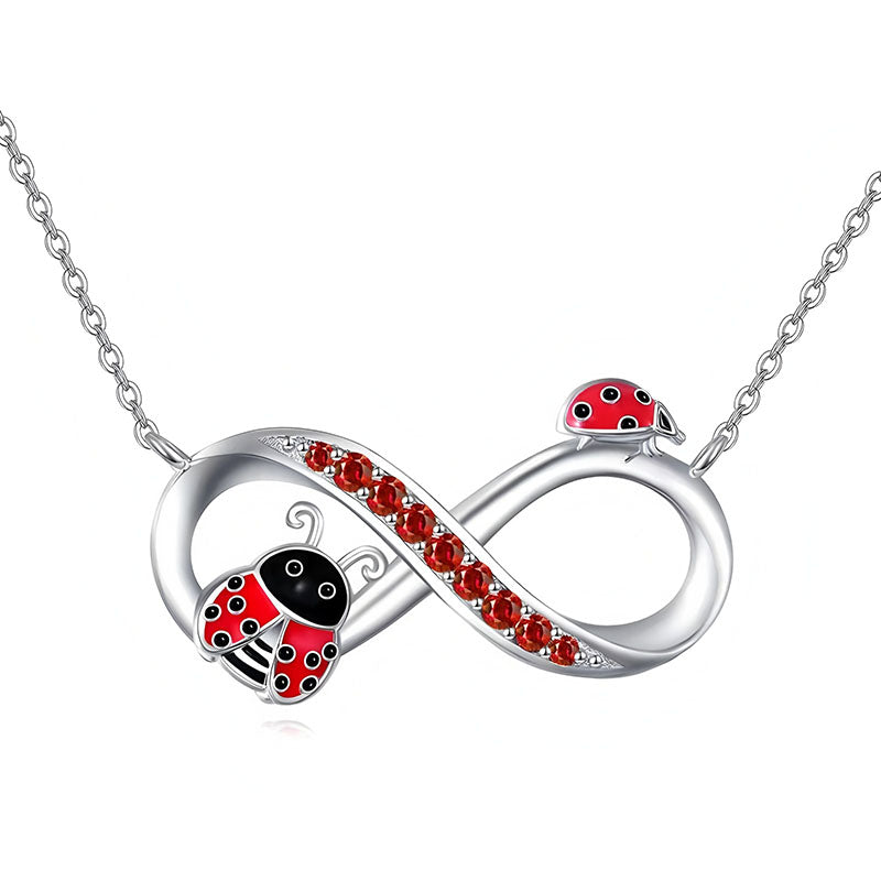 Origsoul ladybug sterling silver necklace infinity pendant with red crystals and two enamel ladybugs