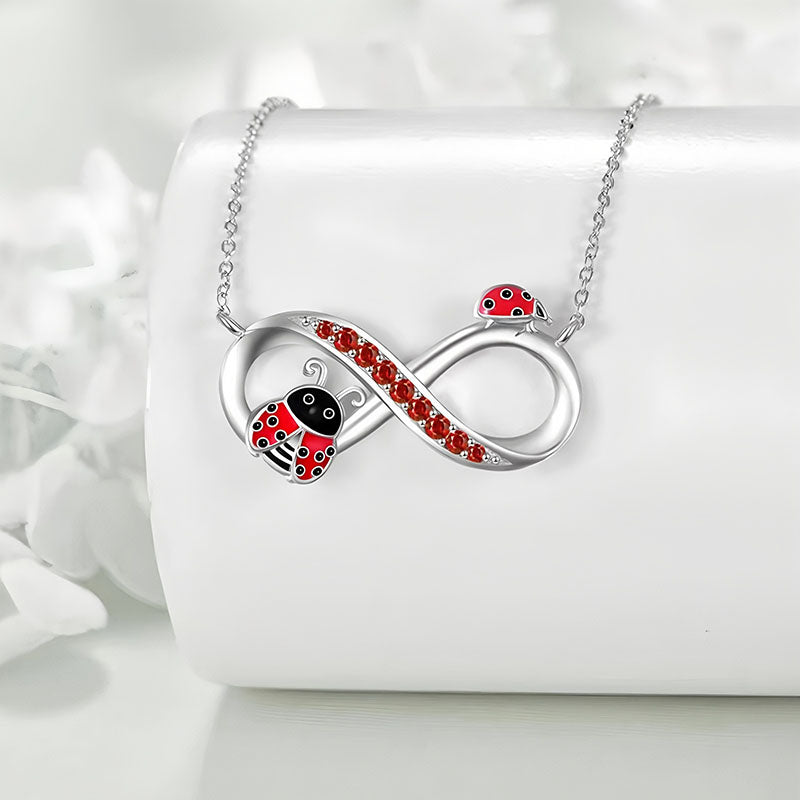Origsoul ladybug sterling silver necklace infinity pendant with red crystal accents and two enamel ladybugs