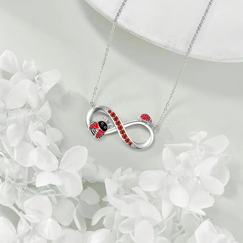 Origsoul ladybug sterling silver necklace infinity pendant with red crystal ladybugs on delicate chain