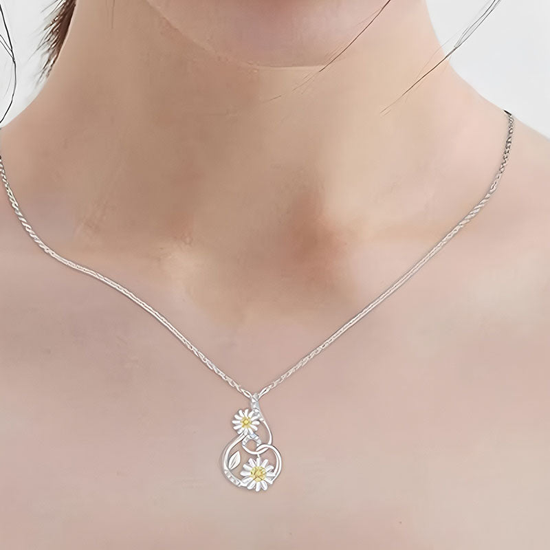 Origsoul silver sunflower pendant necklace with delicate chain worn on neck