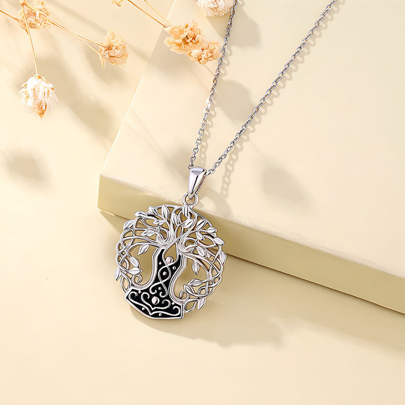 Origsoul silver tree of life necklace pendant with intricate leaf and branch design on chain
