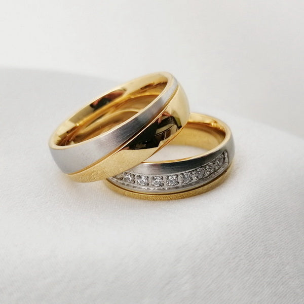 Origsoul elegant two-tone everyday wear rings for couples with gold, silver, and embedded crystals