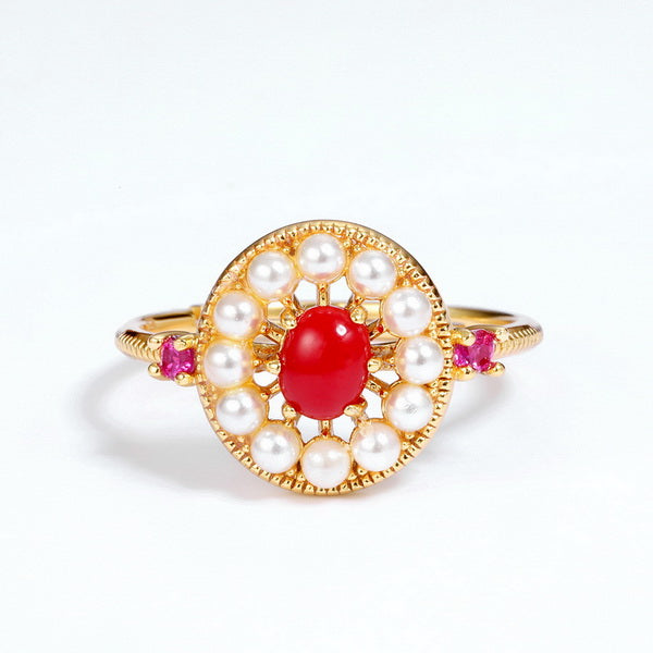 Origsoul unique gemstone jewelry ring with red center stone surrounded by white pearls on gold band