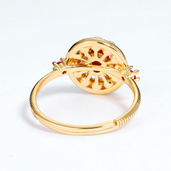 Origsoul unique gemstone jewelry ring in gold with intricate red gemstone setting and detailed band