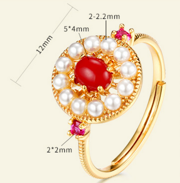 Origsoul unique gemstone jewelry ring with red center stone, pearls, and gold band detailed with size measurements