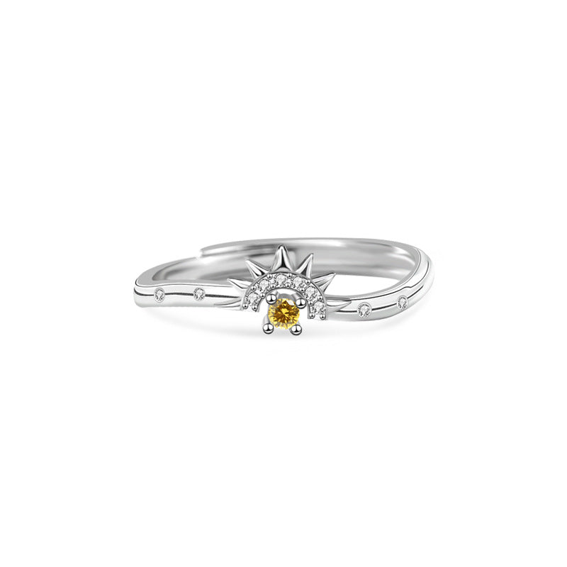 Origsoul unique promise ring for him and her with silver band and yellow gemstone sun design