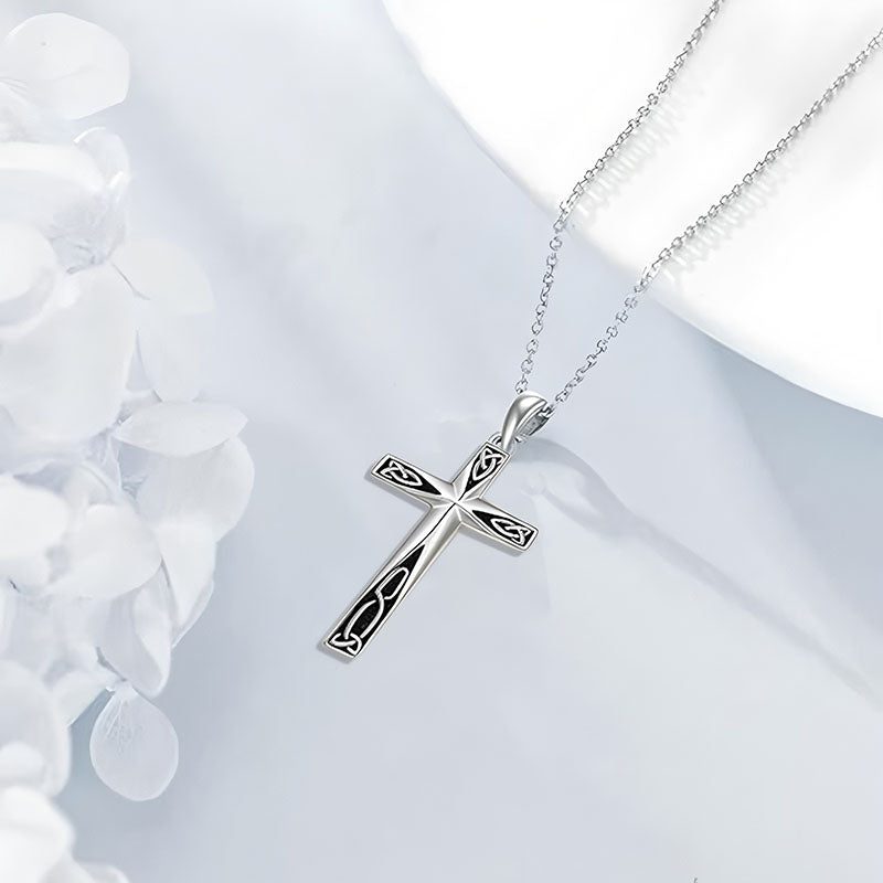 Origsoul unique silver cross necklace gift with intricate black detailing on a fine silver chain