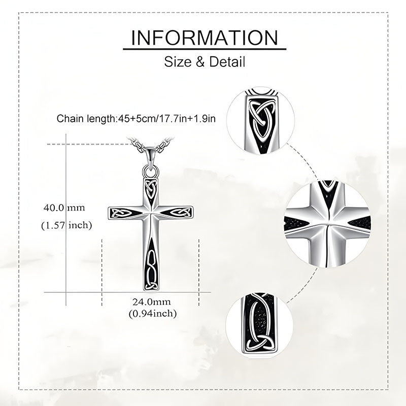 Unique silver cross necklace gift by Origsoul with detailed Celtic design and 18mm chain length