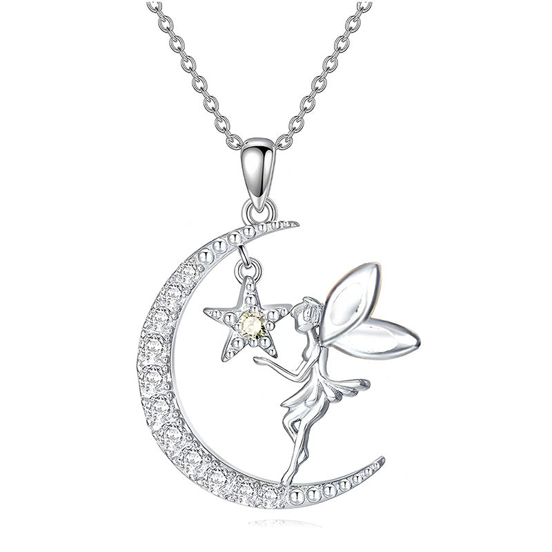 Origsoul silver fairy moon pendant necklace with sparkling crescent moon and fairy holding a star charm