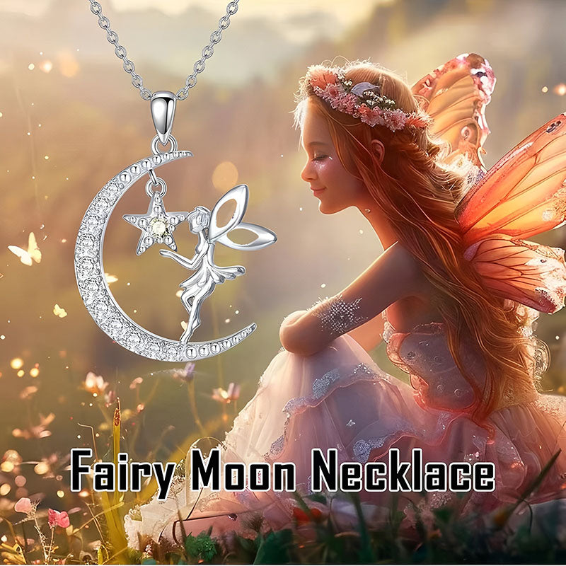 Origsoul fairy moon pendant necklace with silver fairy and crescent moon design adorned with crystals