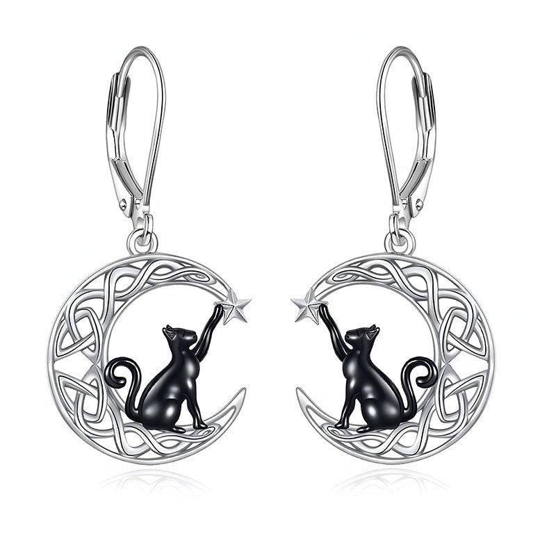 Origsoul cat and moon Celtic earrings with black cat reaching for star on silver Celtic crescent moon