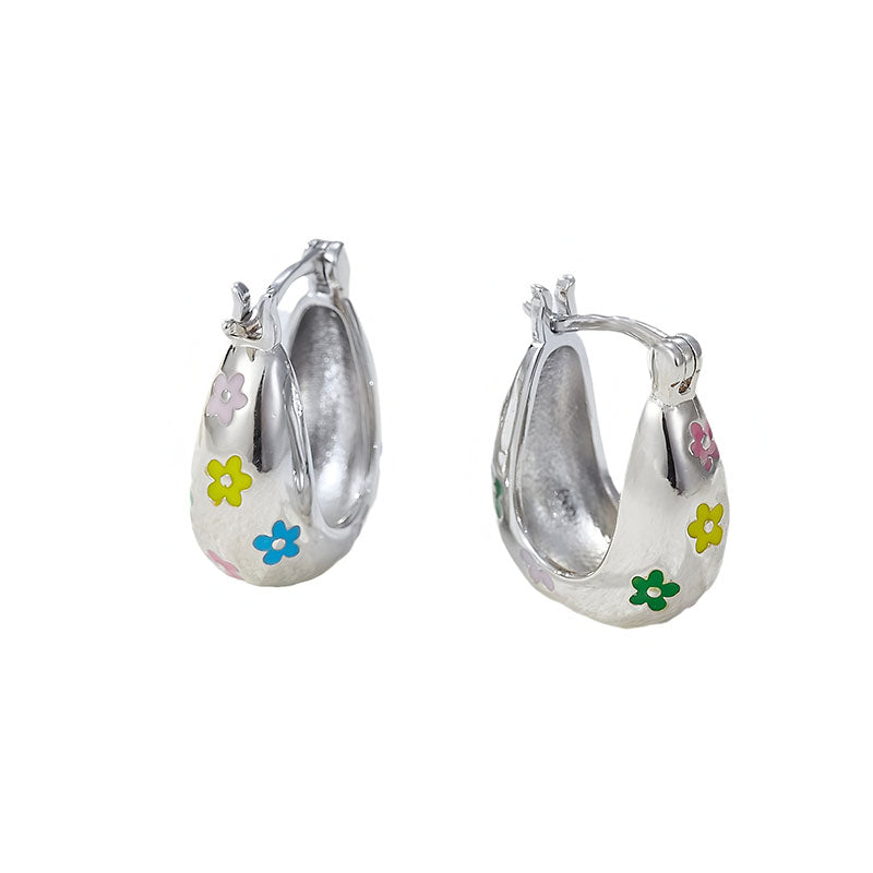 Origsoul colorful flower hoop earrings silver with multicolor floral designs