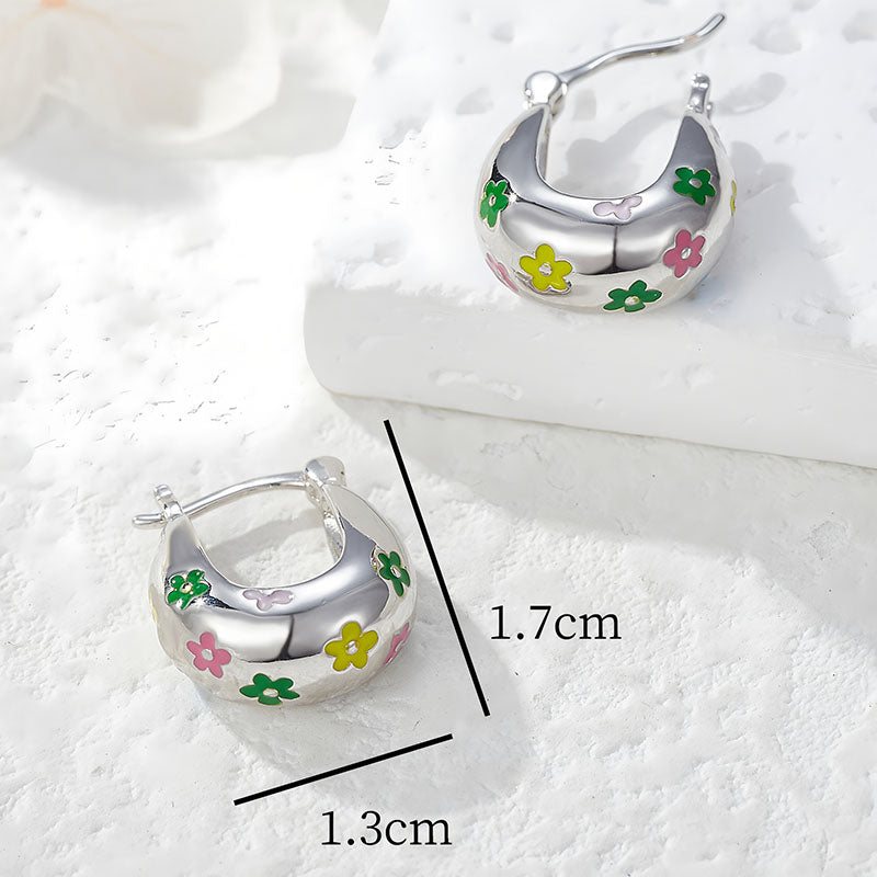 Origsoul colorful flower hoop earrings in silver with green pink and yellow flower designs
