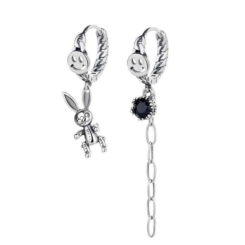 Origsoul silver cute rabbit charm earrings with smiley hoop and black stone chain detail